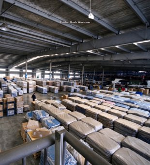 Goods are neatly arranged in the finished goods warehouse