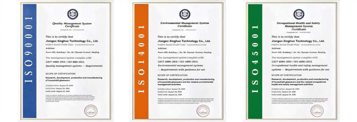 XINGHUO Glass ISO 9001 and ISO 14001 certificates.