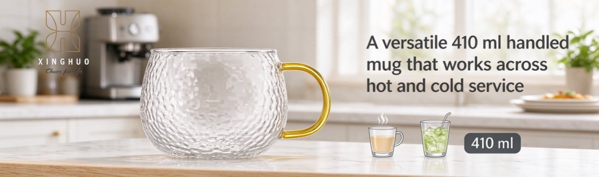 xinghuo-glass-410ml-hammered-mug-gold-handle-banner Xinghuo Glass 410ml Gold Handle Hammered Heat-Resistant Glass Mug - Display Image