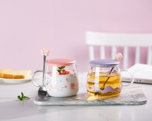 Xinghuo Glass Pink and Purple Printed Glass Mug with Lid and Spoon - Two-Cup Set