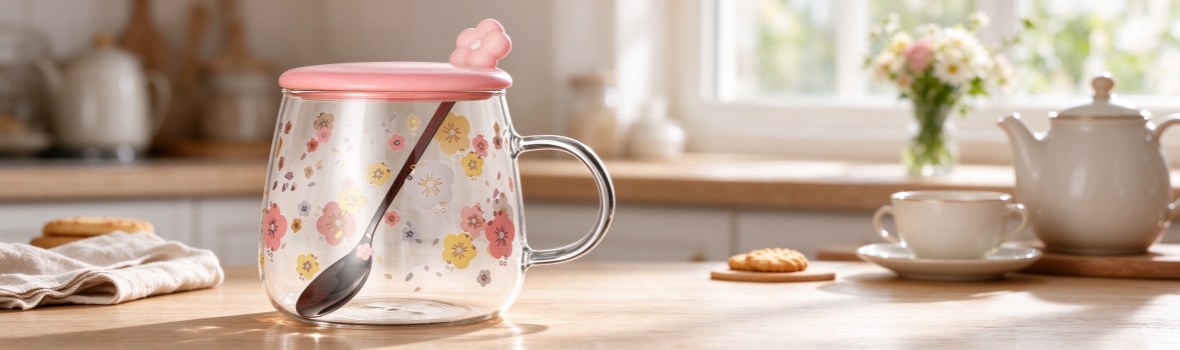 xinghuo-glass-floral-printed-mug-pink-lid-spoon-banner Xinghuo Glass Mug with Pink Lid and Floral Spoon Print.