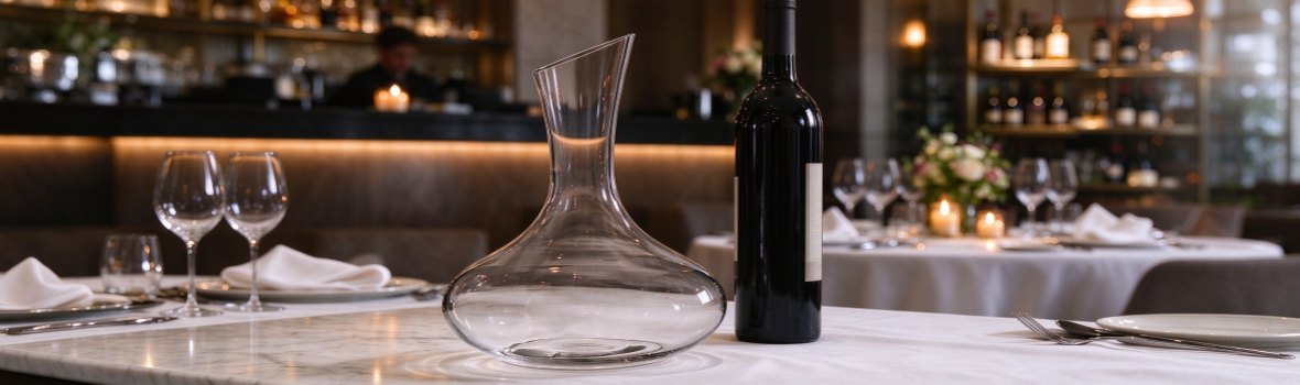 Image of a crystal glass decanter placed on a Western restaurant table.