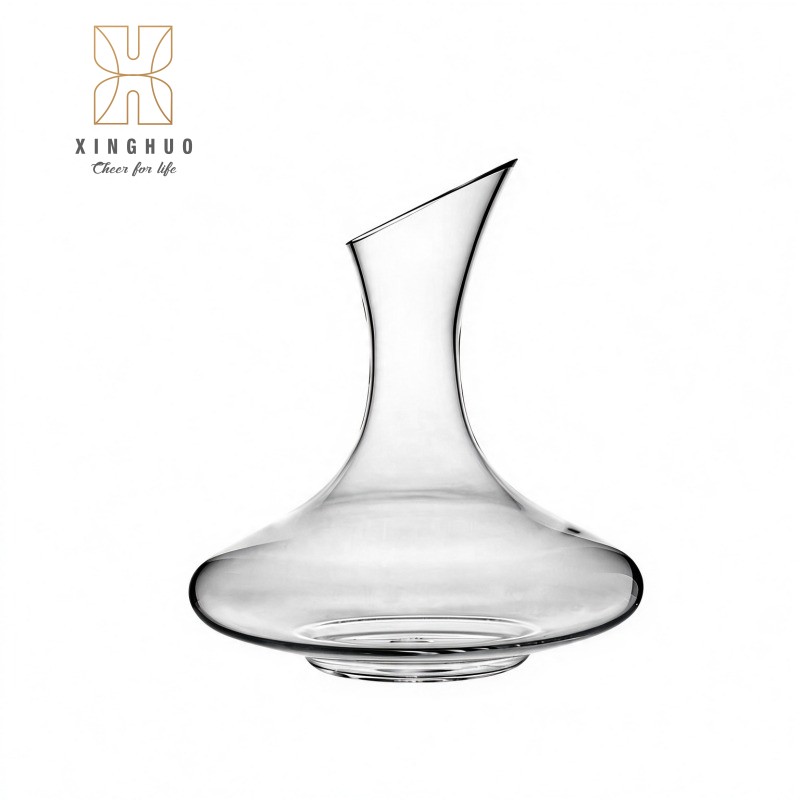 Image of a wide-bottomed, beveled, lead-free crystal glass decanter.