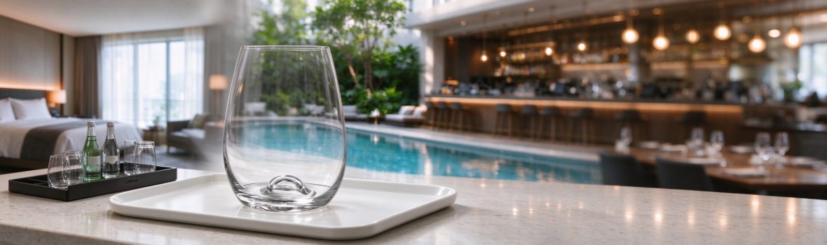 xinghuo-glass-stemless-tumbler-resort-hotel-banner Image of stemless crystal glasses displayed at the pool bar of a resort hotel.
