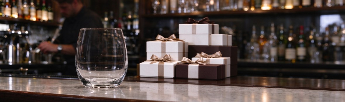 A stemless crystal tumbler on a bar counter beside a stack of white and brown gift boxes