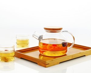 Image of a heat-resistant glass teapot set displayed on a natural bamboo tray.