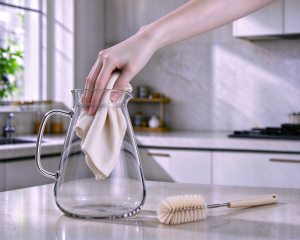 Cleaning the wide mouth of a borosilicate glass water jug with a cloth, long-handled brush on the counter