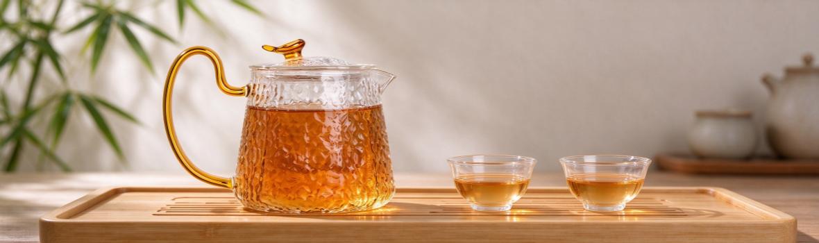 A hammered heat-resistant glass teapot and two teacups are displayed on a bamboo tea tray. (Banner image)