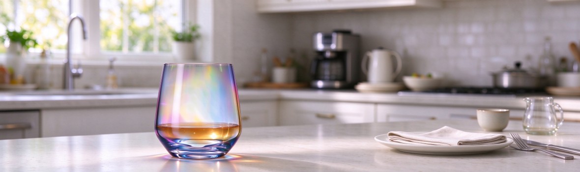 Iridescent crystal tumbler with a short amber drink on a pale kitchen counter, a white ceramic cup and a small glass jug beside it