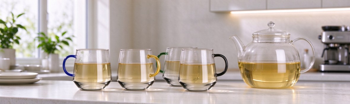 xinghuo-glass-borosilicate-teapot-and-tea-cups Four borosilicate glass mugs with blue, yellow, green and black handles beside a glass teapot of brewed tea on a kitchen counter
